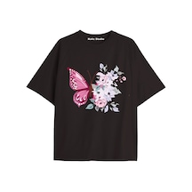 Kalic Studio Kadın Çiçek Özel Baskılı Renkli Oversize Penye Pamuklu Bisiklet Yaka T-shirt Siyah-36