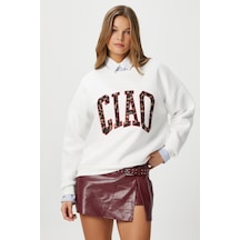 Kadın Ciao Nakışlı İçi Polarlı Leopar Ekru Oversize Seeatshirt Ekru