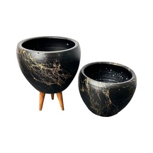 Bitki Tasarımı Ev Dekorasyon Siyah Üzeri Gold Mermer Efektli Toprak Saksı Saksılık Salon Çiçeklik İkili Set Ayaksız - 3 Ayaklı- 15 Cm