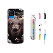 Oppo A54 Kılıf Kablo Koruyuculu Flowers Bear 1337 Siyah