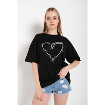 Tarzsokak Kadın Çizgili Figür Kalp Siyah T-shirt Have A Holiday Baskılı Siyah