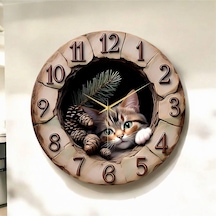 Ahşap Kabartma Görünümlü Renkli Baskı Kedi Desenli Sayılı Hediyelik Ahşap Sessiz Duvar Saati 50cm ÇOk Renkli