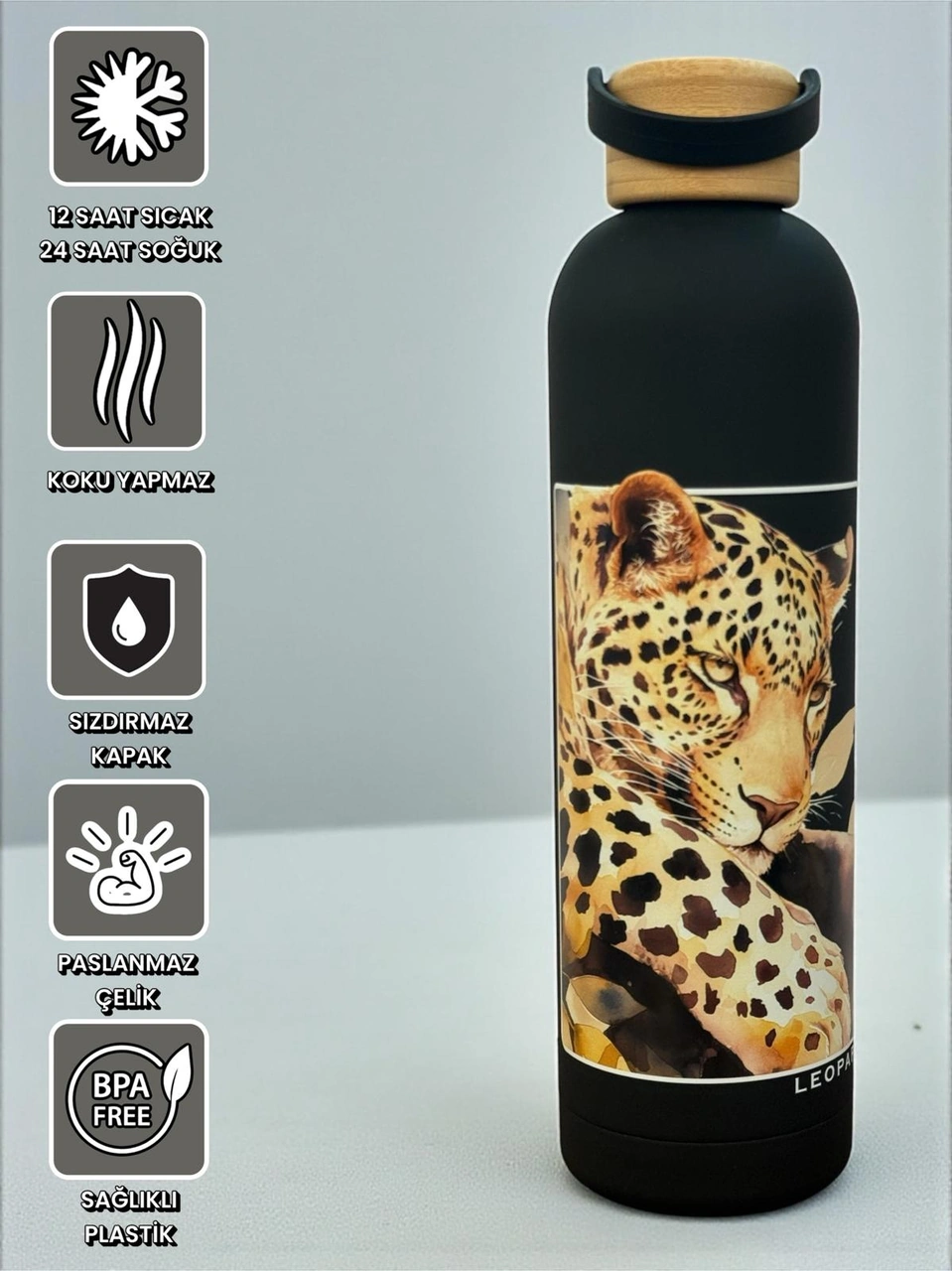 Bambu Kapaklı Siyah Renk Leopar Figürlü 1000 Ml Paslanmaz Çelik Termos Siyah
