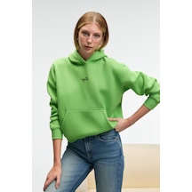 Grımelange MELUREA Kadın Nakışlı Kapüşonlu Comfort Fit Fıstık Yeşili Sweatshirt