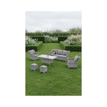 Dora Garden Home Ecem 7 Kişilik 3+1+1 2 Adet Puff Hediyeli Rattan Bahçe Takımı Açık Gri Siyah Çizgili
