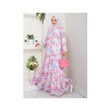 Harman Butik Kadın Desenli Şifon Elbise Gül Kurusu Gül Kurusu