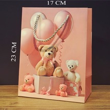 Ayıcık Desenli Pembe Küçük Boy Karton Hediye Çantası Çok Renkli