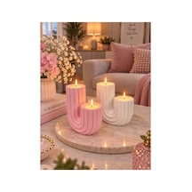 Pembe - Beyaz Kaktüs Dekoratif Mumluk 2li Set Pembe Beyaz