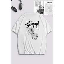 Unisex Kadın Erkek Grafitti Zar Baskılı Özel Tasarım Oversize T-shirt Beyaz Mck0067 Beyaz