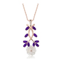 Gümüş Rose Mor Yapraklı Bahar Çiçeği Kolye