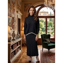 Kışlık Siyah Triko Takım Oversize Üst & V Yaka Maxi Elbise