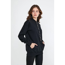 Startmore Kadın Beyaz Kapüşonlu Kanguru Cep Sweatshirt Siyah