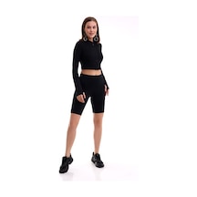 Winmoda34 Kadın Dalgıç Takım Likralı Spor Önden Fermuar Detaylı Kısa Taytlı Uzun Kol Parmak Geçmeli Model Kf-siyah
