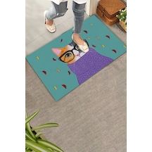 Valerine Life Aristokrat Kedi Yeşil Renkli Welcome Hoş Geldiniz Kapı Önü Paspası 45x70cm Kahverengi