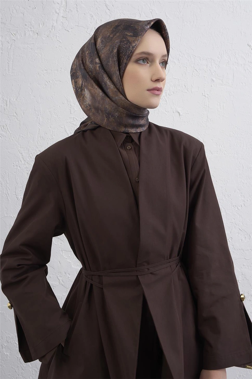 Armine Soyut Desenli Saf İpek Twill Eşarp 9433d 52 KAhverengi