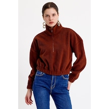 JAHR MARC Kahverengi Crop Fit Peluş Sweatshirt