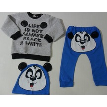 Beyzababykids Mevsimlik Erkek Bebek Panda Baskılı Şapkalı 3'Lü Takım 6-12 Ay Gri - Mavi