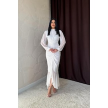 Beyaz Önü Büzgülü Şifon Elbise Beyaz