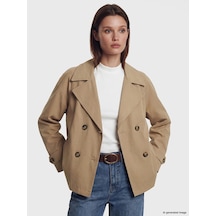 LC Waikiki Lcw Modest Kahverengi Kruvaze Yaka Oversize Kadın Trençkot CAMEL