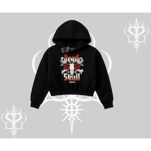Kapşonlu Crop Sweatshirt Skull & Roses Vintage West Coast Rebellion Siyah