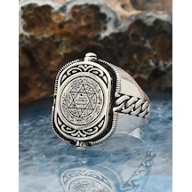 Prestij Gümüş Hz. Süleyman Mührü Ve Zirkon Siyah Taşlı Çift Tarafli 925 Ayar Gümüş Erkek Yüzüğü