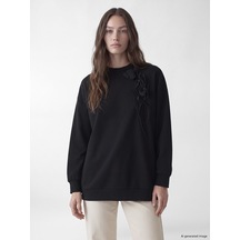 Lcw Modest Siyah Soft Touch Gül Aplikeli Kadın Sweatshirt Tunik