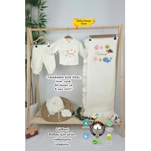 Gros Shop Müslin Yeni Doğan 4katlı Organik %100pamuk Kişiye Özgü Nakışlı Hastane Çıkış Seti Okyanus Model-2 Ekru-2