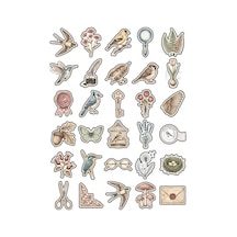 30 Adet Vintage Botanik Ve Kuş Sticker Seti - Ajanda Scrapbook Defter İçin Çok Renkli