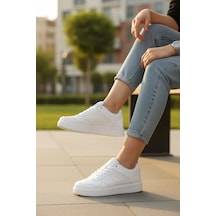Enoch Unisex Siyah Suni Deri Spor Ayakkabı Beyaz Düz Tabanlı Ve Perfore Detaylı Günlük Casual Sneaker Beyaz