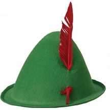 Yeşil Renk Kırmızı Tüylü Peter Pan Şapkası Robin Hood Şapkası 24x23 Cm Çocuk