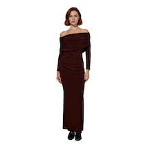 Ersefa Kadın Şık Bodycon Kahverengi Uzun Kol Maxi Elbise Carmen Yaka İle
