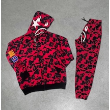 Tarzyeri Unisex Pubg Bape X Shark Eşofman Takımı - Kırmızı 001