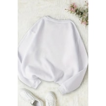 Unisex Beyaz Wanted Baskılı Bisiklet Yaka Sweatshirt- Kışlık Şardonlu Kumaş Beyaz