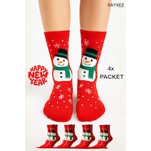 Saysez Unisex Yılbaşı Desenli 4'lü Paket Renkli Soket Çorap Christmas Happy New Year Renkli6