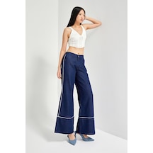 Itsbasic Kadın Lacivert Renk 7w5-50/1 Wide Leg Fit Şerit Detaylı Tasarım Denim Jean
