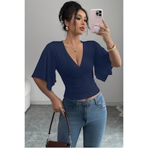 Kadın Kruvaze Yaka Yarasa Kol Likralı Şık T-shirt Lacivert