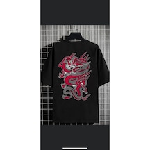 Flood Of Style Erkek Siyah Ejderha Oversize Bisiklet Yaka Tshirt