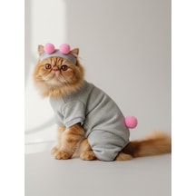 Ponpon Şeker Kedi Tulumu & Bere Takımı Şardonlu Polar Kumaş Tüy Dökülmesini Gri XL