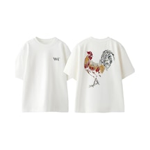 Thewert Horoz Renkli Tasarım Sırt Baskılı Pamuk Beyaz Oversize T-shirt