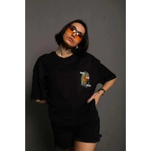 Kadın Bisiklet Yaka Baskılı Oversize Kısa Kol T-shirt - Siyah Siyah