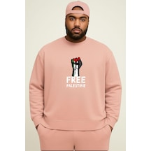 Benroma 3 İplik Penye Free Palestıne Baskılı Büyük Beden Unisex Sweatshırt Pembe