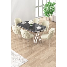 Canisa Zae Serisi 90x168 Lak Panel Siyah Mermer Desen Masa Takımı Krom Ayaklı 6 Krem Sandalye Masa Siyah Mermer Desen Sandalye Krem