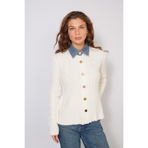 Denim Yaka Detaylı Peplum Triko Kazak Ekru