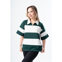 Kadın Polo Yaka Çizgili Oversize T-shirt 001