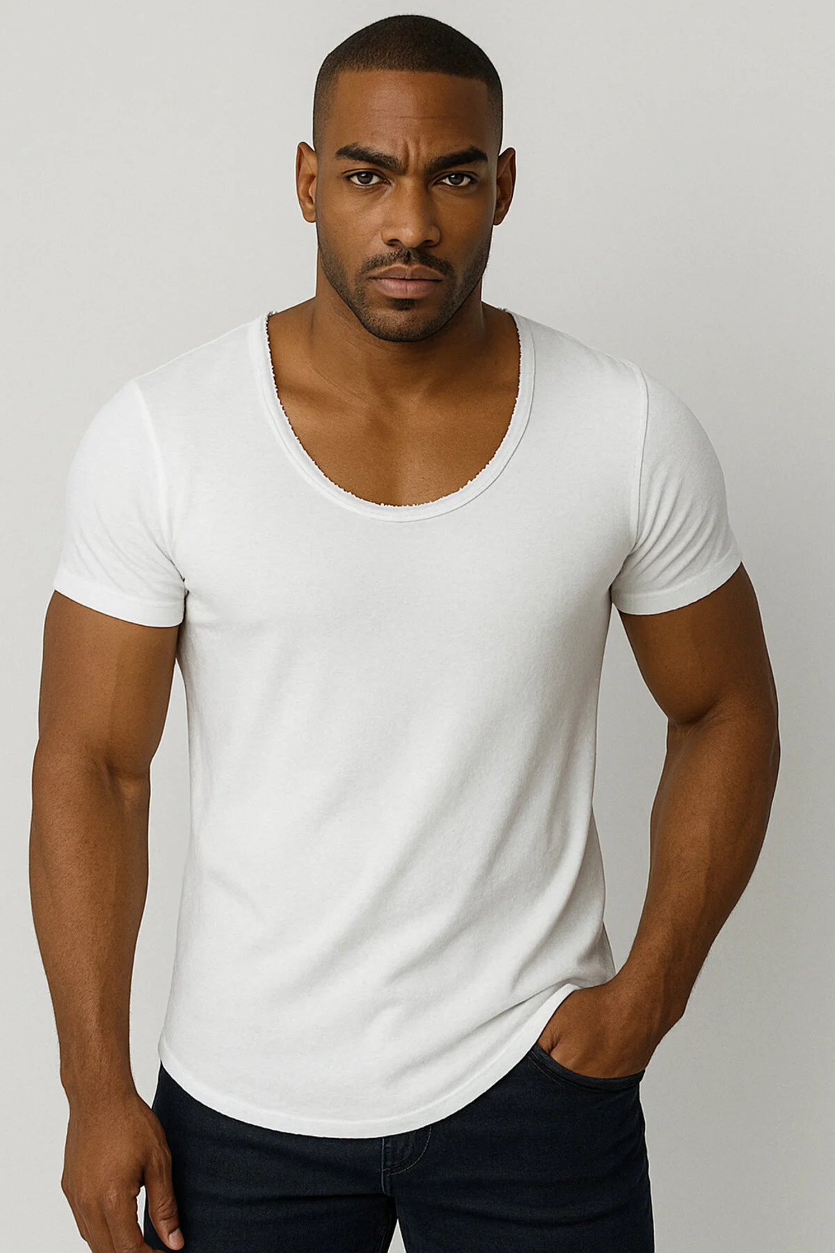 Premium Kalite Erkek Beyaz Geniş Yaka Tam Likralı Alt Oval Slim Kesim Tişört T-shirt Beyaz