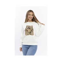 Kadife Ayıcıklar Desenli Şardonlu İçi Polarlı Ekru Regular Fit Bisiklet Yaka Kadın Sweatshirt Ekru