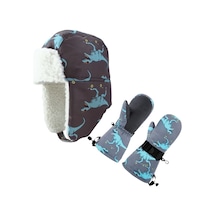 Su Geçirmez Erkek Çocuk Bere Eldiven Set 2-4 Yaş Kayak Snowboard Bere Eldiven Gri Mavi Dino