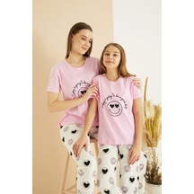 Siyah İnci Pamuklu Bisiklet Yaka Örme Pijama Takım25107127 Pembe