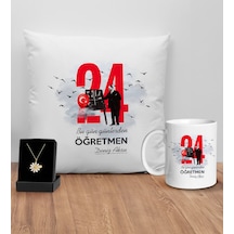Bk Gift Kişiye Özel Öğretmenler Günü Tasarımlı Beyaz Kupa Yastık Ve İsimli Papatya Kolye Hediye Seti- 3, Öğretmene Hediye, Öğretmenler Günü