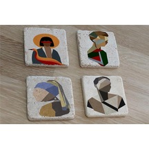 Renkli Vektör İnci Küpeli Kız Ve Portreler Doğal Taş Bardak Altlığı 4'lü Set - Natural Stone Coasters - Taş Çok Renkli